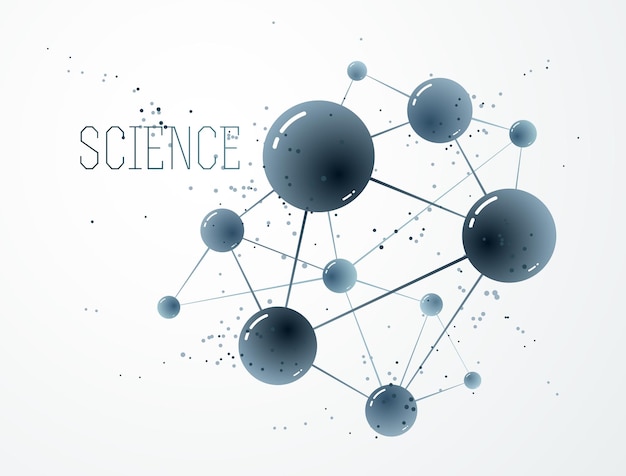 분자 벡터 추상 배경, 3D 차원 과학 화학 및 물리학 테마 디자인 요소, 원자 및 입자 마이크로 나노 과학 그림.