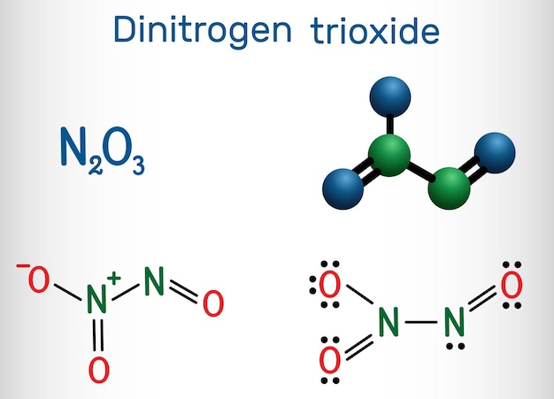 Molecuul van stikstofdioxide N2O3 Structurele chemische formule en molecuulmodel