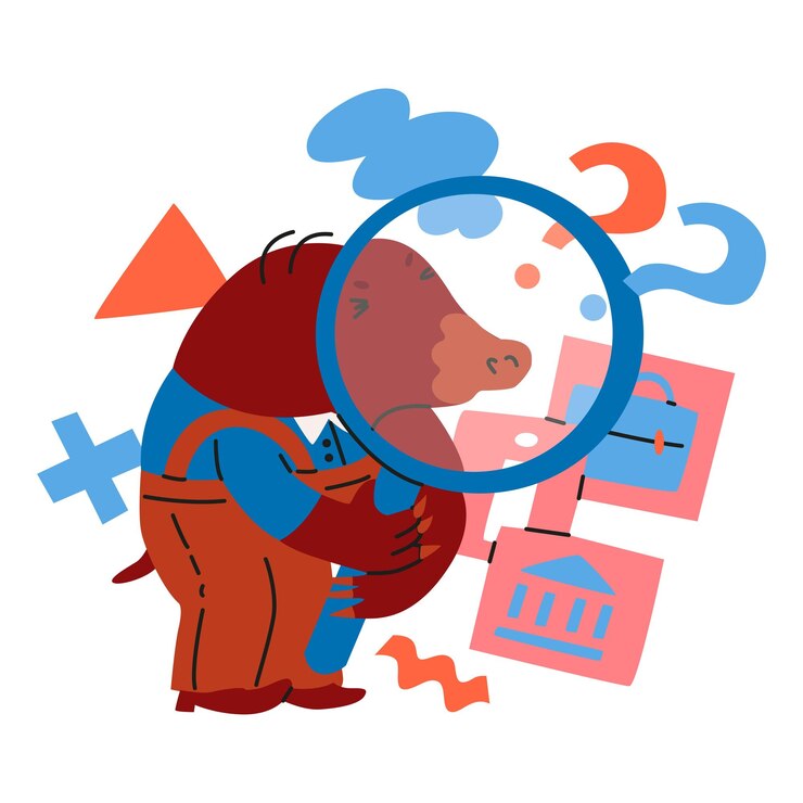 Vector a molefinancier is looking through a magnifying glass for profitable areas for investing money search for profitable strategies animals in the world of business and finance vector illustration