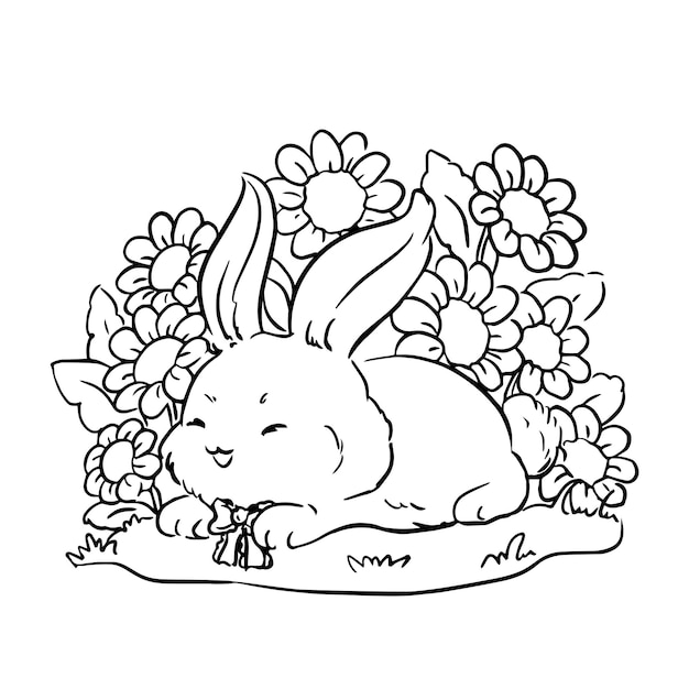 Vector mollig konijn slapen op de bloementuin