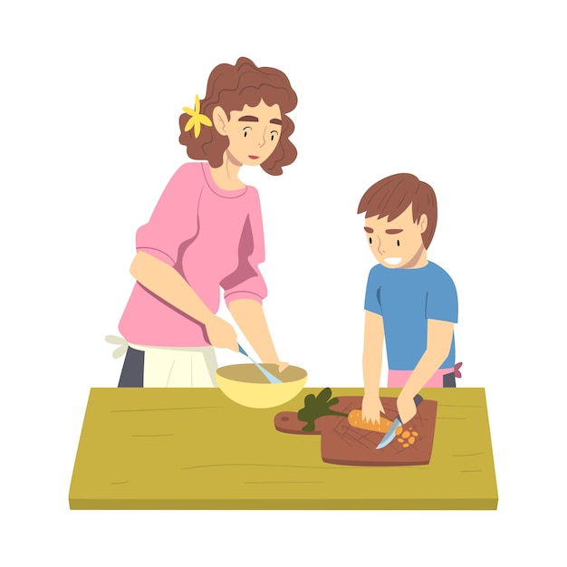 ベクトル 母と息子がキッチンで料理をしています親は子供と一緒に時間を過ごし一緒に料理しています漫画スタイルのベクトルイラスト