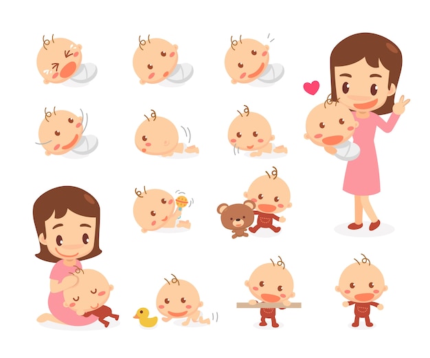 Vector mom and baby. baby development stages. milestones.