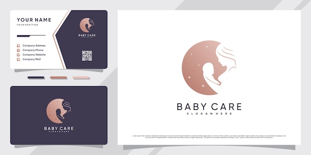 Mom and baby care logo with negative space concept and business card design Premium Vector