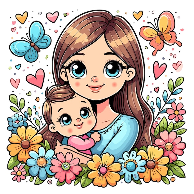 Vector mom and baby cartoon mother day