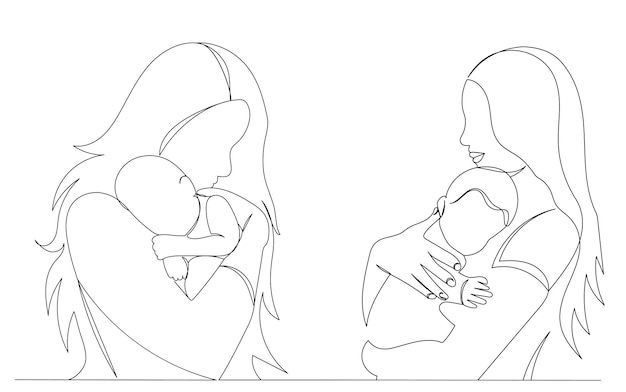 Mom and baby continuous line drawing vector sketch