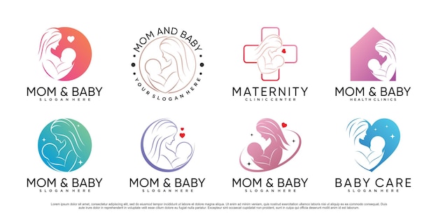 ママと赤ちゃんのアイコンは、創造的な要素プレミアムベクトルでロゴデザインテンプレートを設定します