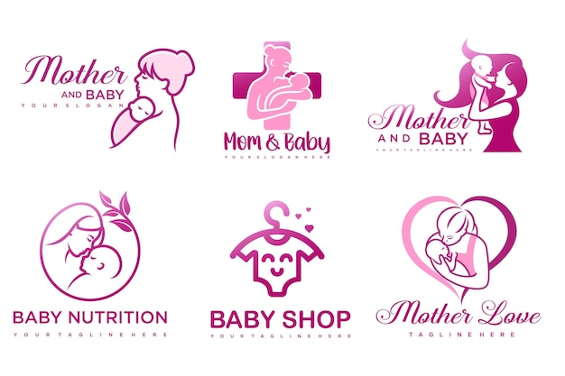 Mom and baby icon set logo design templateBaby illustration