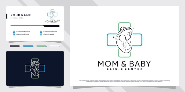 Mom and baby logo with creative element and business card design Premium Vector
