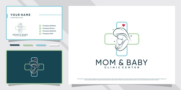 Mom and baby logo with creative element and business card design Premium Vector