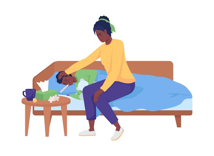 Vector mom caring for sick kid semi flat color vector character two figures full body people on white common situations isolated modern cartoon style illustration for graphic design and animation