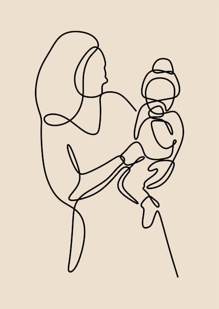 Mom carry son oneline continuous single line art