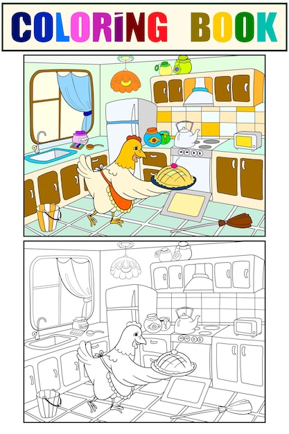 Мама цыпленок на кухне готовит еду для семейной цветной книги для детей мультфильм вектор раскраски черно-белый