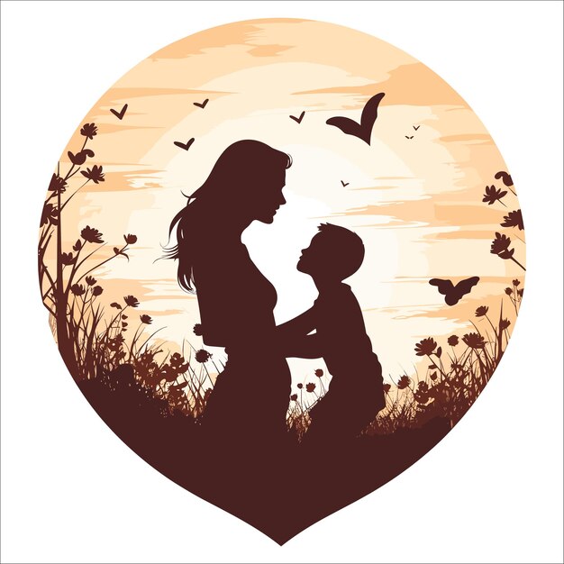 Vector mom and child love in the style of silhouette white background