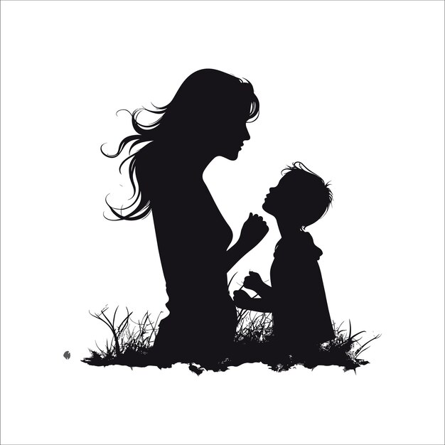 Mom and child love in the style of silhouette white background