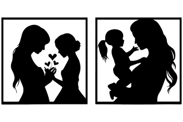 Vector mom and child love in the style of silhouette white background