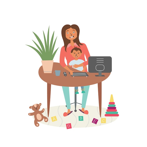 Vector mom child remote work