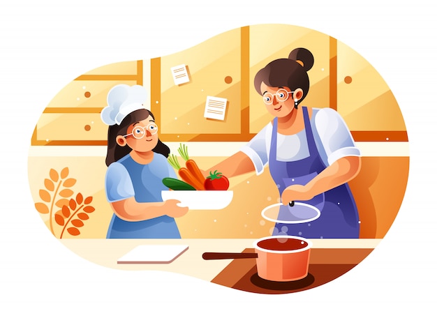 Mamma e bambini cucinare in cucina