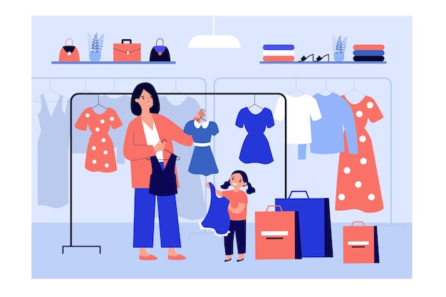 Mom choosing clothes for girl in fashion store illustration