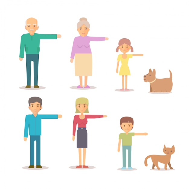 ベクトル ママ、パパ、おばあちゃん、おじいちゃん、息子、娘、犬、猫家族キャラクターセット