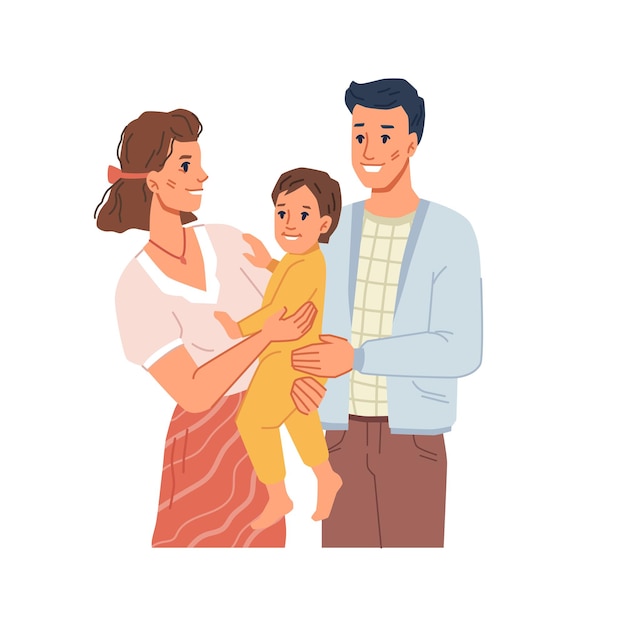 Vector mom and dad holding small toddler child on hands