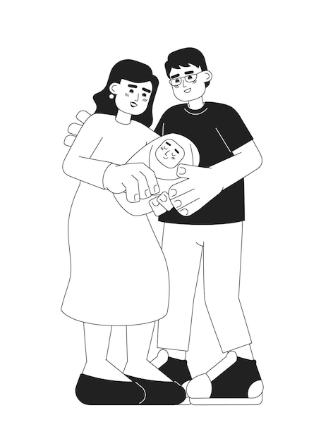 Mom dad newborn monochrome vector spot illustration Baby and parents 2D flat bw cartoon characters for web UI design Couple holding baby Infant parenthood isolated editable hand drawn hero image