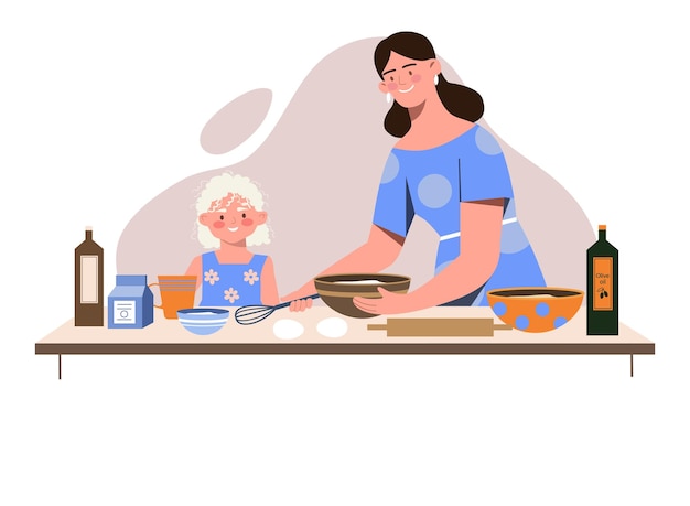 Vector mom and daughter cook