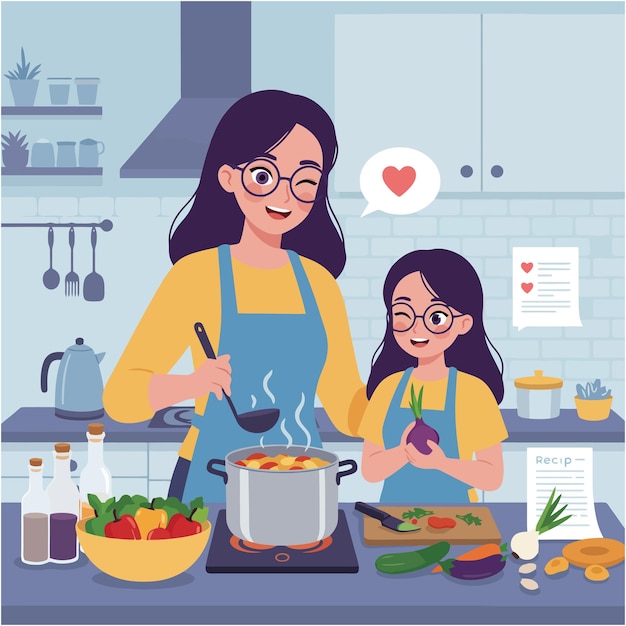 mom and daughter cooking delicious vegetable soup together