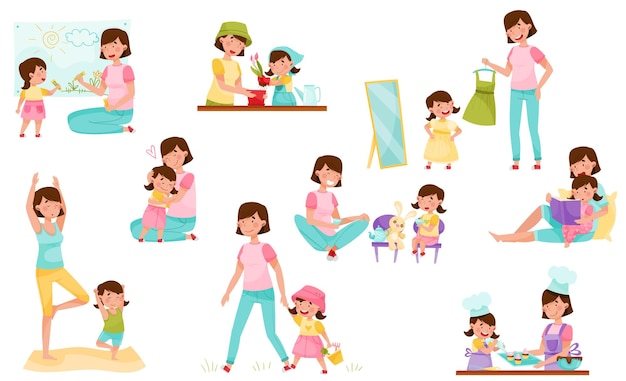 Mom and daughter doing yoga baking reading book and walking vector illustration set