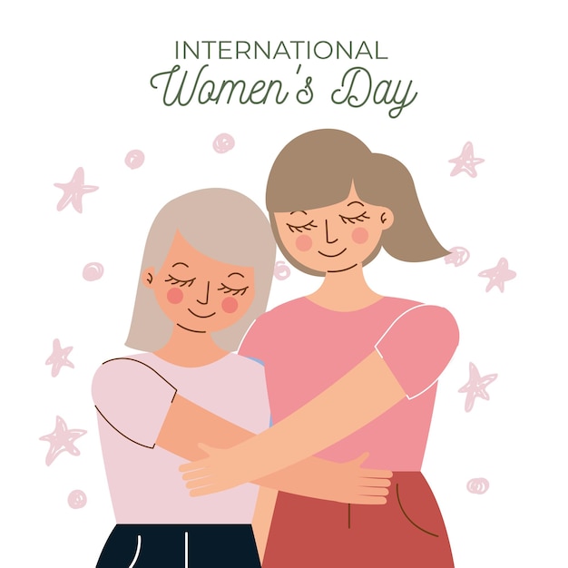 Mom and daughter hugging celebrating international women's day .  illustration