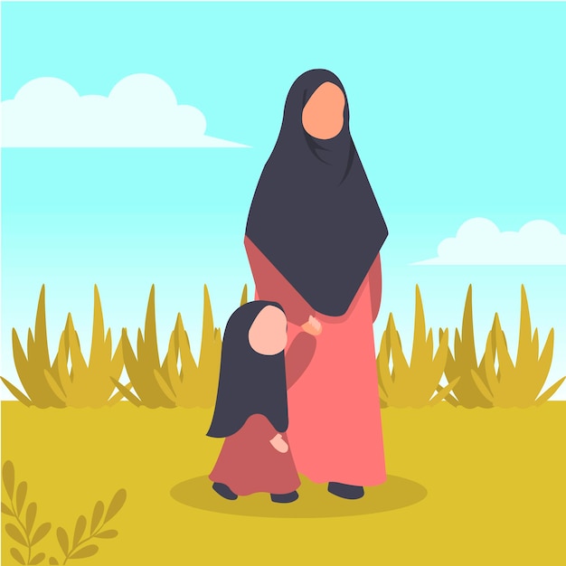 Illustrazione di genitorialità islamica di mamma e figlia