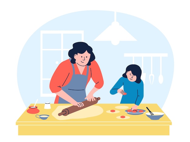 Mom and daughter on kitchen at home bake cake Motherhood young girl learning cooking with mother Vector recent female in apron preparation dinner