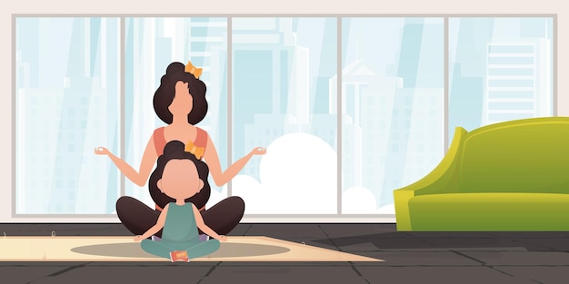 Vector mom and daughter meditate together in the lotus position design in cartoon style vector illustration