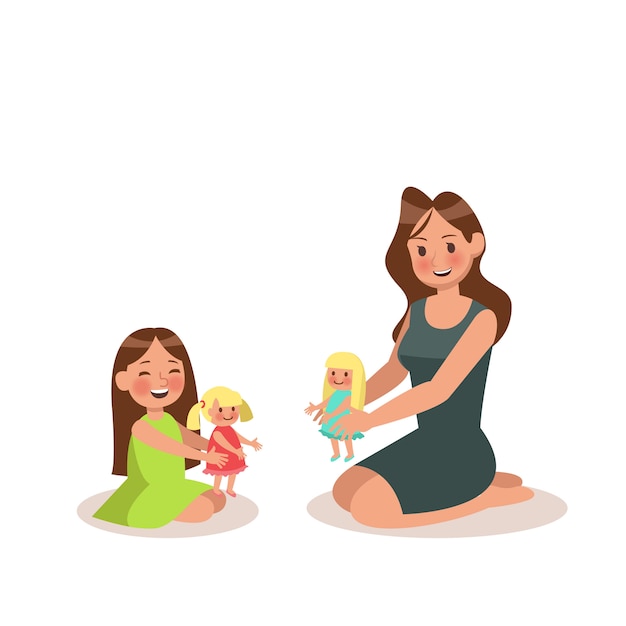 Vector mom and daughter playing doll