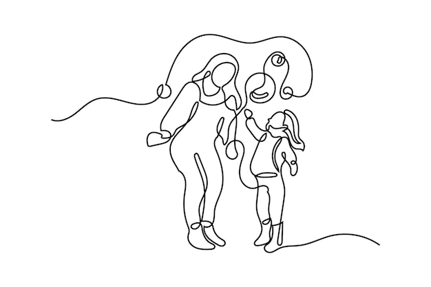 Mom and daughter playing together oneline continuous single editable line art