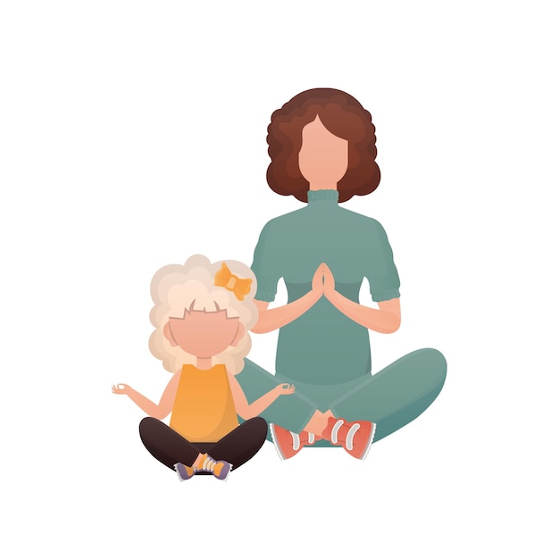 Mom and daughter yoga cartoon style isolated previous illustration