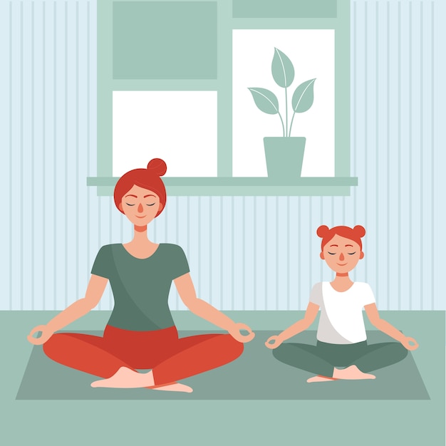 Mom and daughter do yoga at home