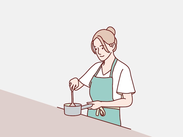 Mom getting to cook with a pan and a apron simple korean style illustration