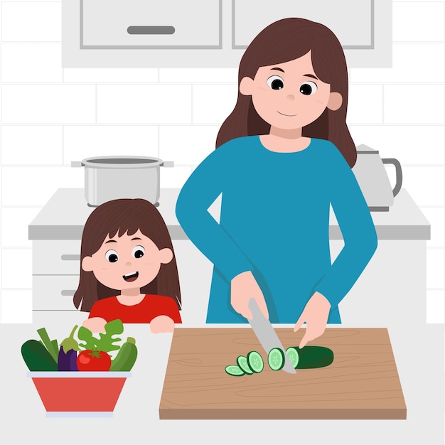 Vector mom and girl cooking