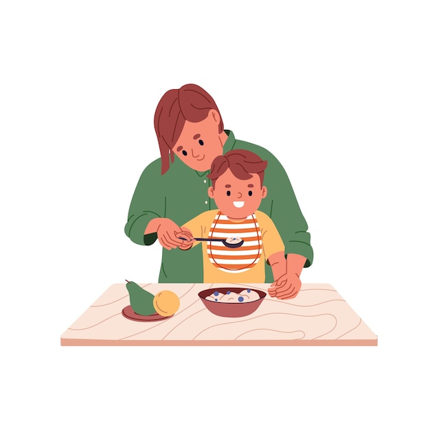 Mom helping kid with food Mother feeding child from spoon Happy baby in nib eating healthy nutrition porridge with berries sitting at table Flat vector illustration isolated on white background