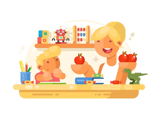 Mom helps small son do homework. young mother and boy.  illustration