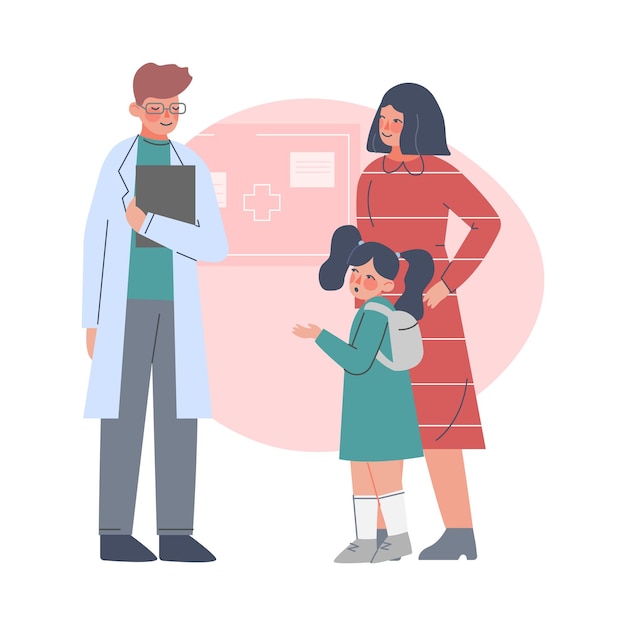 Mom and her Daughter Visiting Doctor Male Pediatrician Examining Child in Medical Clinic Health and Medical Treatment for Children Cartoon Vector Illustration