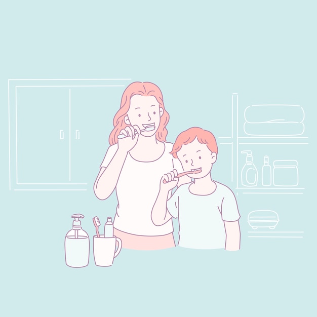 Mom and her son brushing teeth together in line style