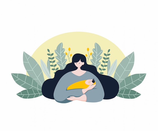 Vector mom holding a sleeping baby in her arm with leaves background