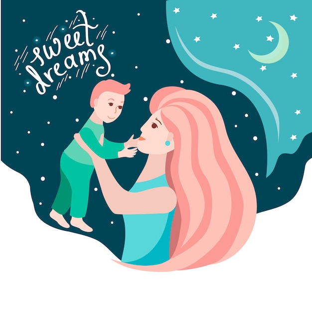 Mom holds the baby in her arms. She plays with him before going to bed.  Inscription - Sweet dreams. Vector illustration on the theme of Mother's day.