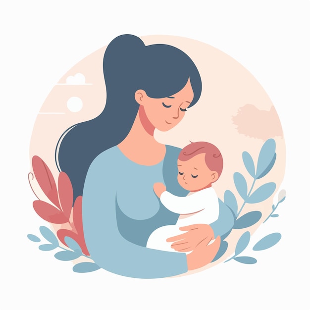 Vector mom hugging baby with affection in flat design style