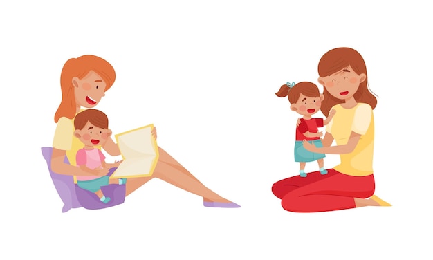 Mom hugging toddler babies set Happy mothers sitting on floor while reading and playing with their kids cartoon vector illustration
