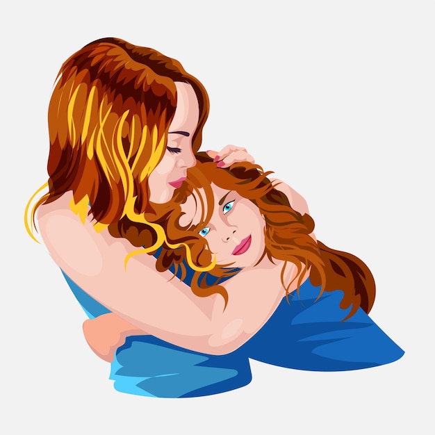 Mom hugs her daughter. Young blonde mother and her daughter. Emotions of love.Mothers day.Woman with her daughter. Hugs. Vector image on an isolated white background.