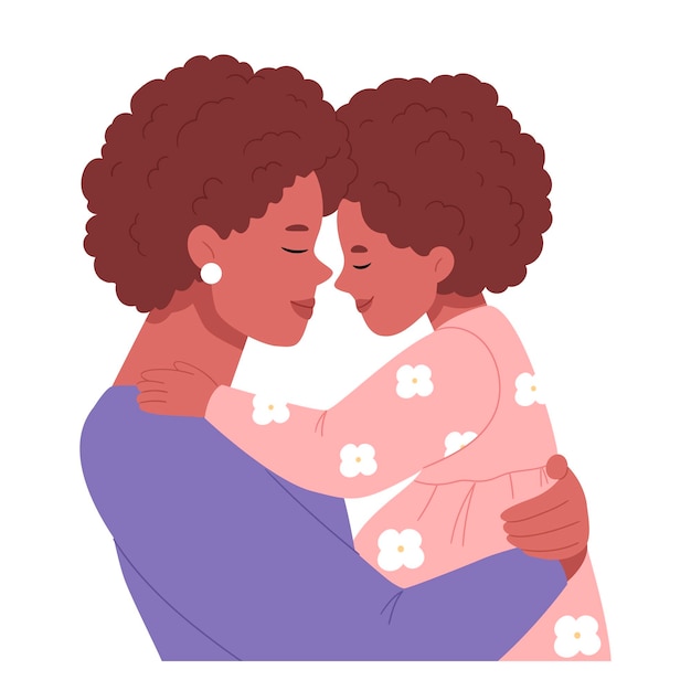 Mom hugs her daughterBlack familyMother's dayFlatHand drawn style