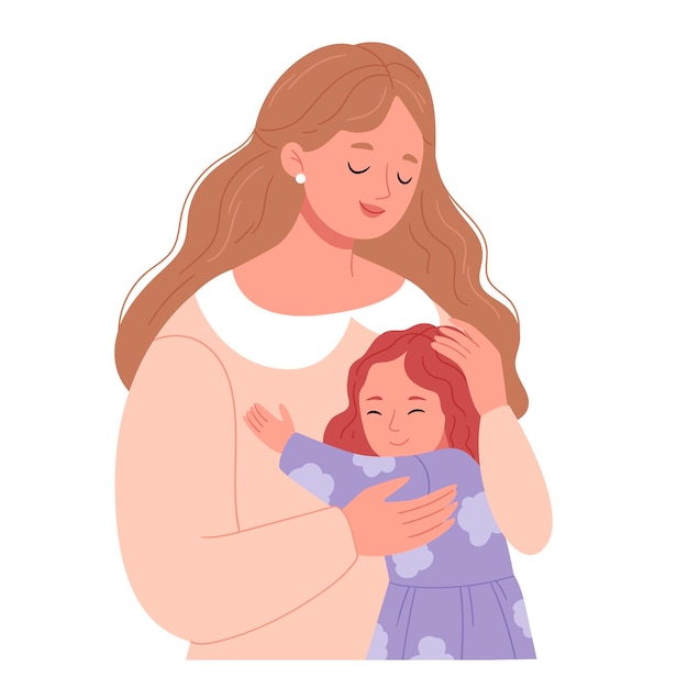 Mom hugs her daughtermother's dayflathand drawn style