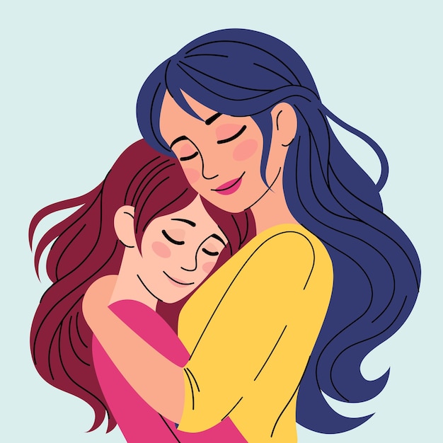 Mom hugs her teenage daughterMothers day cardFamily parentsloveFlat isolated vector illustration